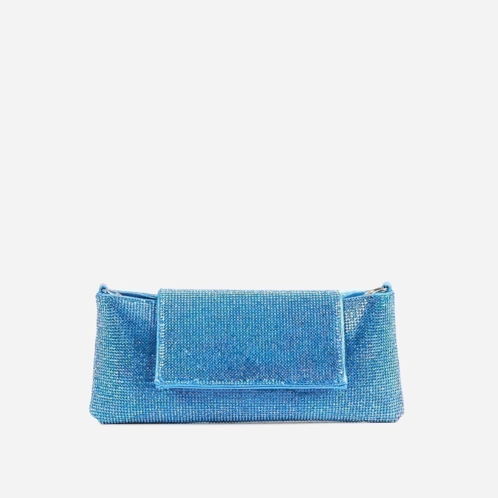 NWT BOXING CHAIN STRAP DETAIL RECTANGLE SHAPED SHOULDER BAG IN BLUE DIAMANTE - Picture 2 of 6